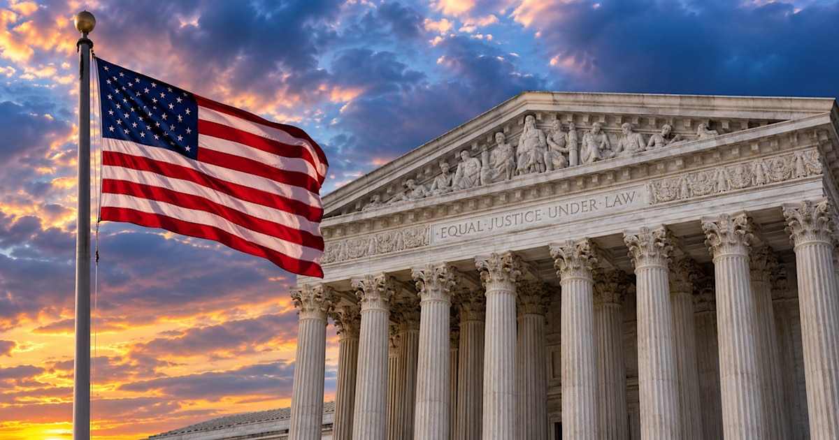 The U.S. Supreme Court building and American flag highlighting the Second Amendment Supreme Court case.
